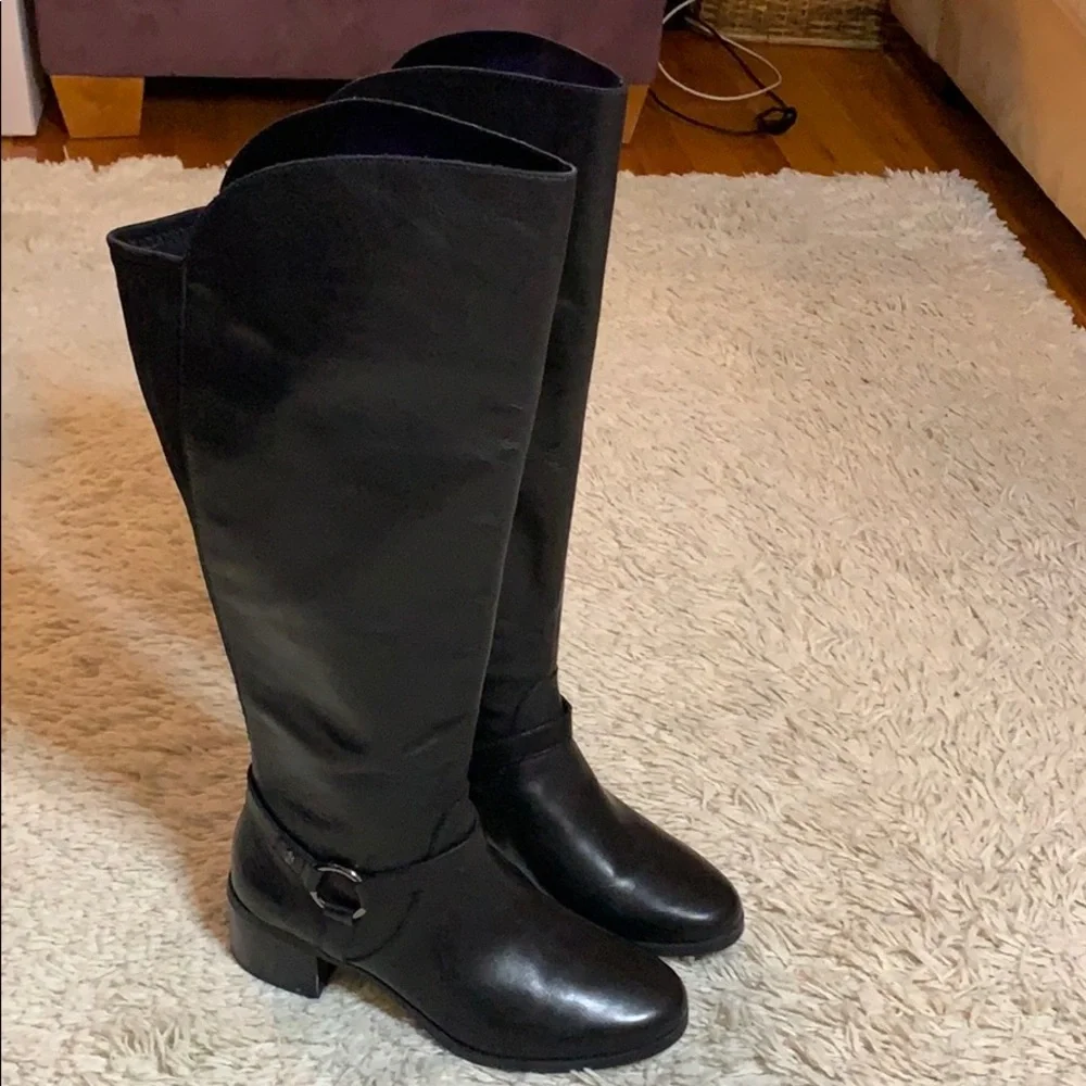 Anne Klein Black Wide Calf Leather Knee High Boots